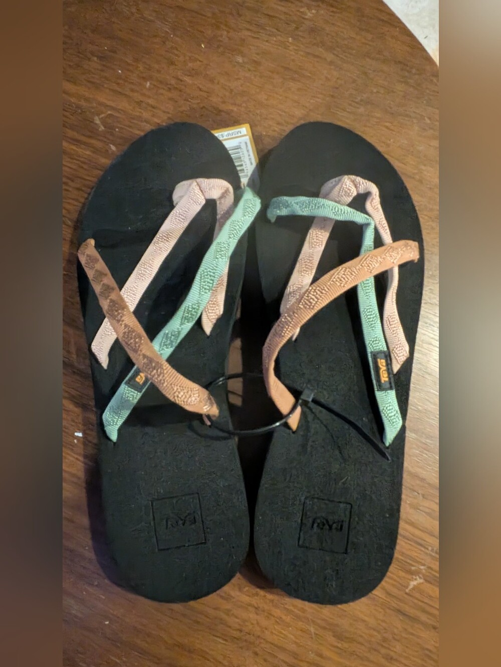 Women’s Teva Black Flip Flops with Pink and Mint Straps. New With Tags!